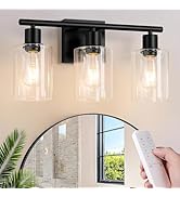 Battery Operated Wall Sconce, 3-Light Black Wireless Rechargeable Vanity Light Fixture with Remot...