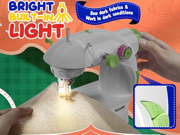Built-in light provides a bright environment for sewing at night or working on dark-colored fabrics.
