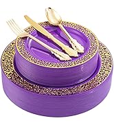 U-QE 150PCS Purple Gold Plastic Plates with Gold Plastic Silverware, Gold Plastic Plates for Part...
