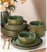 GBHOME Stoneware Dinnerware Sets for 4, 12 Pieces Ceramic Ribbed Plates and Bowls Set, Reactive G...