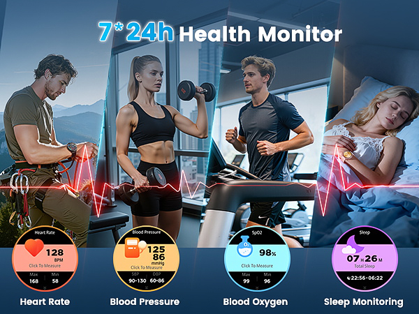 Text reads '7*24h Health Monitor'. Digital interface showing health metrics including Heart Rate, Blood Pressure, Blood Oxygen, and Sleep Monitoring with colorful icons and numerical displays.