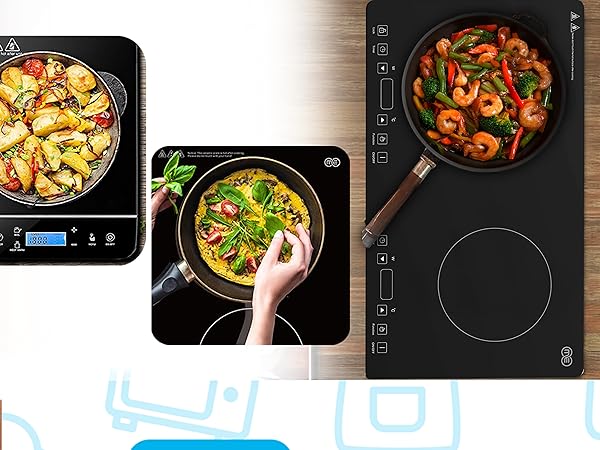 Single and double induction cooktops cooking various meals