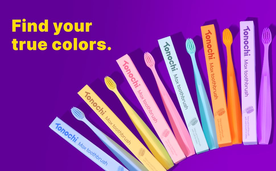 Tonochi Max toothbrush collection featuring six colorful soft bristle toothbrush designs.