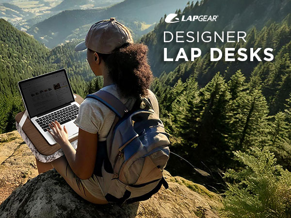 a person using a designer lap desk while working on a laptop outside