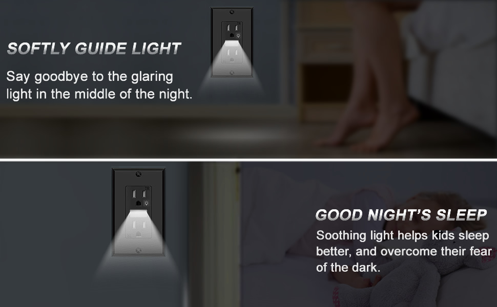 Black Receptacle Outlet with Night Light,Tamper-Resistant,15A,2 Pole,Standard Electrical Outlets 