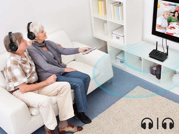 Wireless TV audio system with two headphone icons. users on couch wearing headphones, watching TV. 