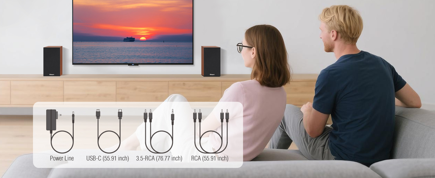 Accessories include: 3.5mm to RCA adapter, RCA to RCA adapter, USB-C audio cable