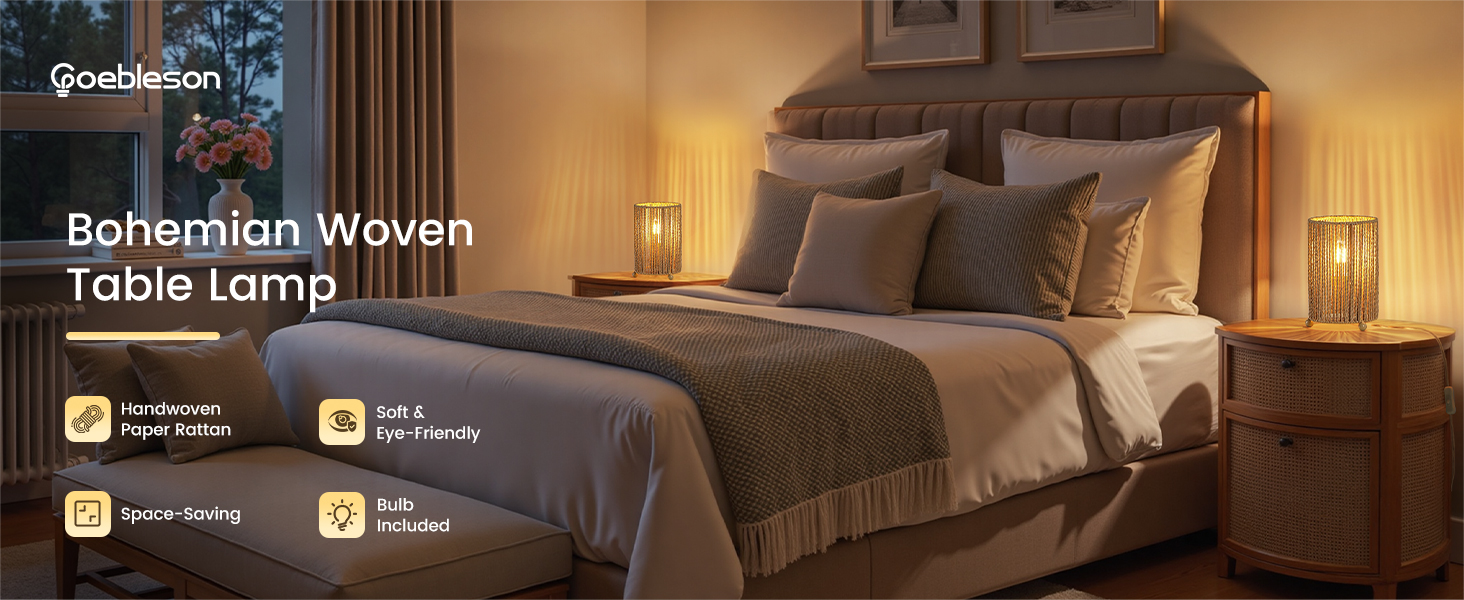 Text reads 'Table Lamp' and 'Bohemian Woven'. Warm-toned images showing table lamps in cozy home settings with ambient lighting.