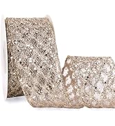 Ribbli Champagne Gold Glitter Wired Ribbon for Christmas Tree Diamond Sparkling Ribbon 2.5 Inch x...