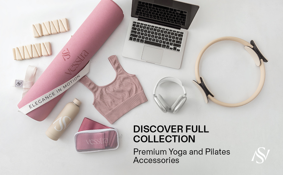 Premium yoga and Pilates accessories flat lay with yoga mat, Pilates ring, blocks, water bottle