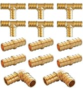 Hourleey Brass PEX Fittings Kit, 1/2" Tubing 14 Piece Set, 6 PEX Tee Fittings + 6 PEX Coupling Fi...