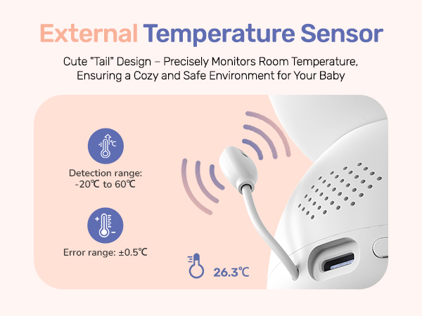 Text reads: 'External Temperature Sensor, Cute Tab Design - Precisely Monitors Room Temperature, Ensuring a Cozy and Safe Environment for Your Baby'. Shows detection range -20°C to 70°C.