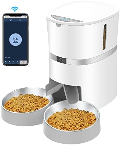 Automatic Cat Feeder, Smart Pet Food Dispenser with APP Control,WiFi Enabled Automatic Feeder for Dogs, Cats & Small Pets, Double Stainless Steel Bowls,6 Meals Portion Control and Voice Recording