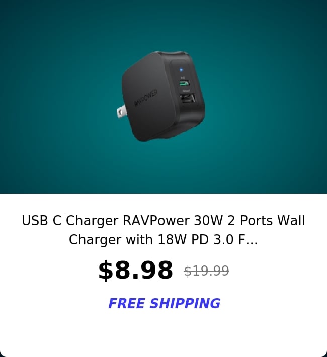 USB C Charger RAVPower 30W 2 Ports Wall Charger with 18W PD 3.0 F...