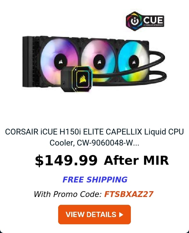 CORSAIR iCUE H150i ELITE CAPELLIX Liquid CPU Cooler, CW-9060048-W...