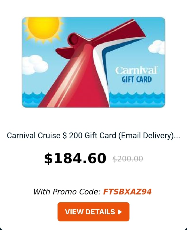 Carnival Cruise $ 200 Gift Card (Email Delivery)...